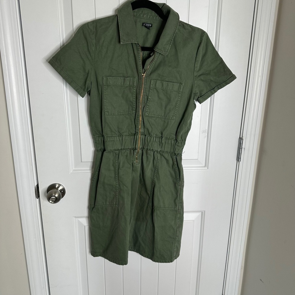 J‎ Crew army green zip front chino khaki utility dress size 4 casual - Picture 2 of 9